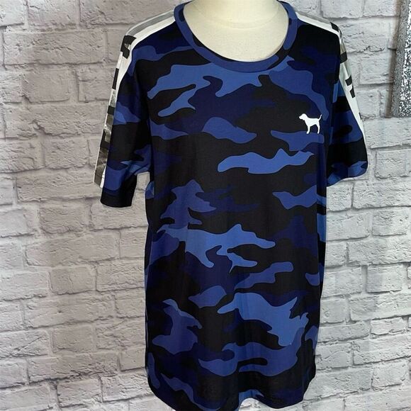 Victoria’s Secret PINK Blue Camo Campus Tee with Foil Tape Logo Stripe Sleeves - Picture 6 of 8